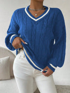 Women's Varsity Cable Sweater – Striped V-Neck Knit Pullover