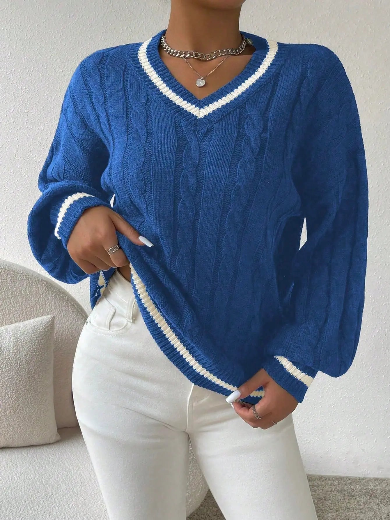 Women's Varsity Stripe Sweater – V-Neck Cable Knit Jumper