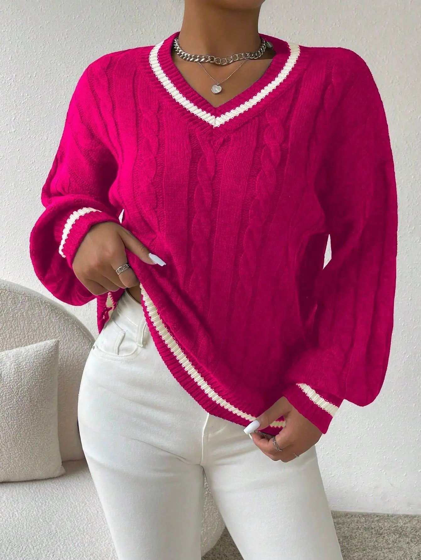 Women's Varsity Cable Sweater – Striped V-Neck Knit Pullover
