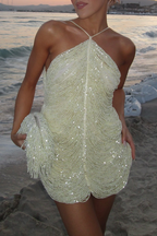 Women's Beaded Halter Mini Dress – Sleeveless Party Cocktail Dress