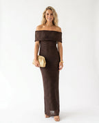 Women's Shimmer Draped Maxi Dress – Flowy Formal Evening Dress