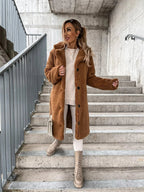 Women's Plush Longline Coat – Soft Textured Button Front Trench Coat