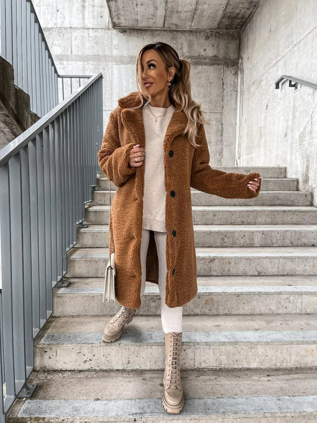 Women's Plush Longline Coat – Soft Textured Button Front Trench Coat