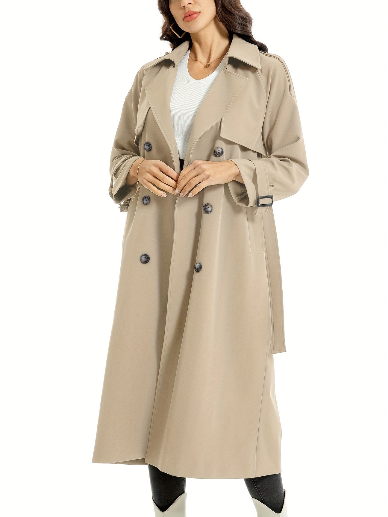 Women's Belted Long Trench Coat – Wide Lapel Classic Overcoat