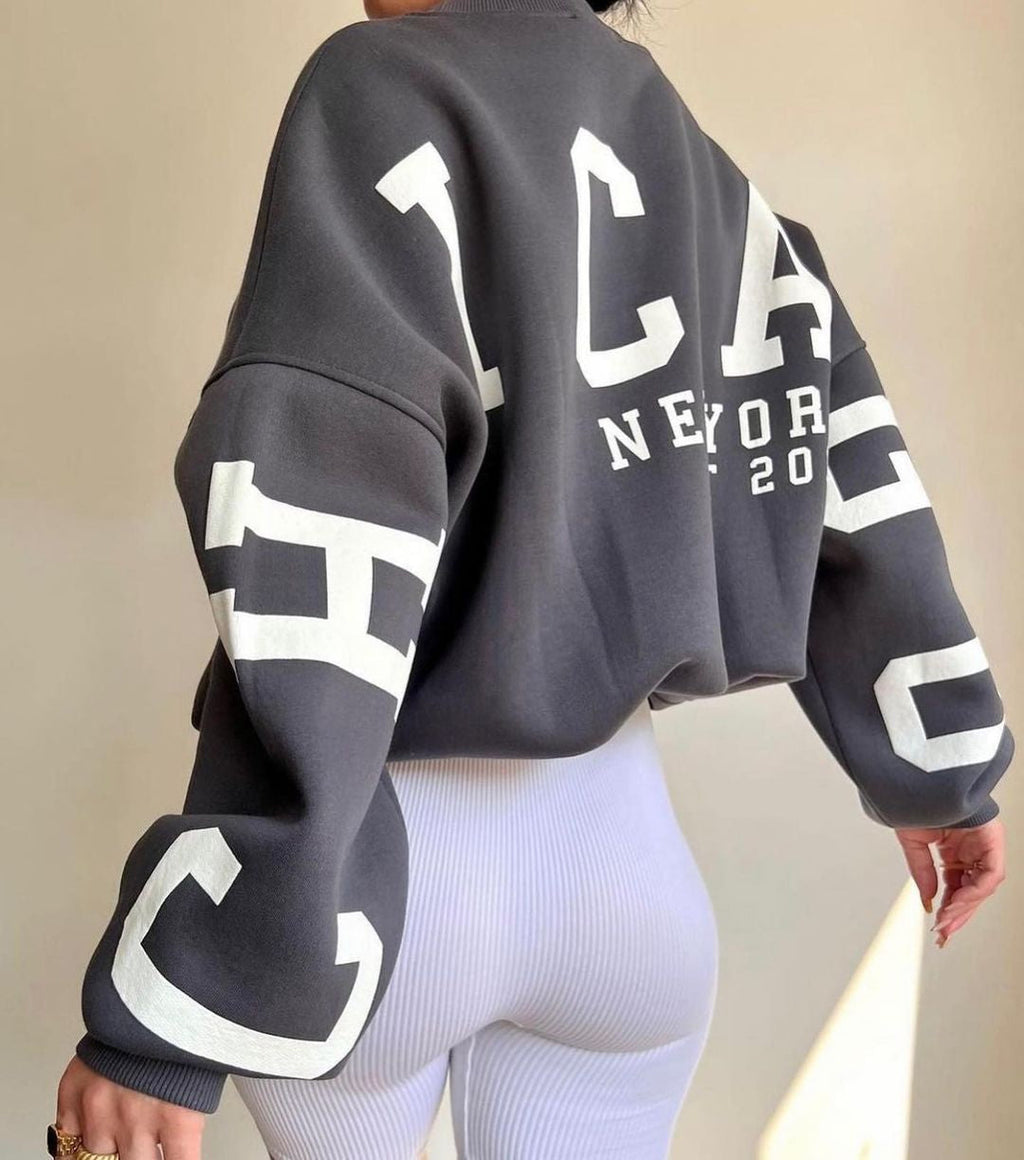 Women's Graphic Sleeve Sweater – Relaxed Crew Neck Pullover Sweater