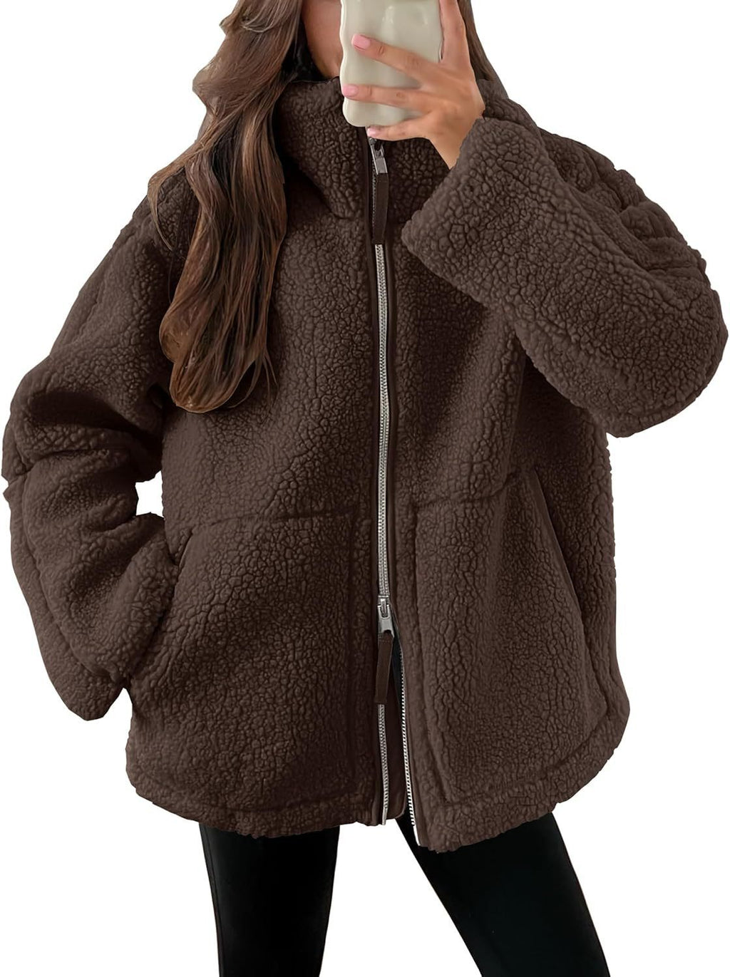 Women's Oversized Fleece Jacket – Zip-Up Long Sleeve Winter Jacket