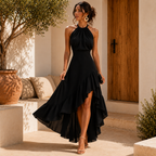 Women's Ruffle Midi Dress – Pleated Halter Neck Wedding Guest Dress