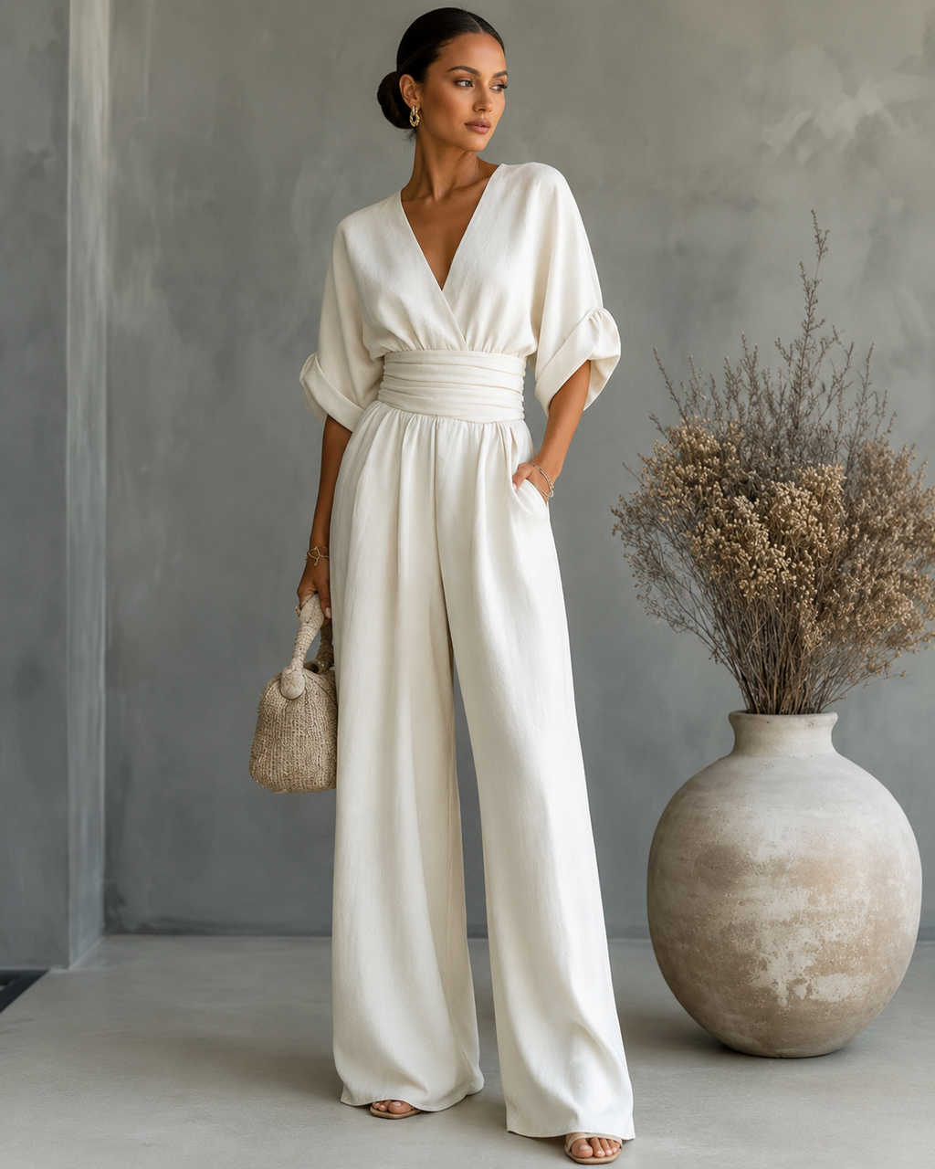 Women's V-Neck Wrap Wide Leg Jumpsuit – Cinched Waist Formal Occasion Jumpsuit
