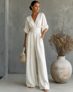 Women's V-Neck Wrap Wide Leg Jumpsuit – Cinched Waist Formal Occasion Jumpsuit