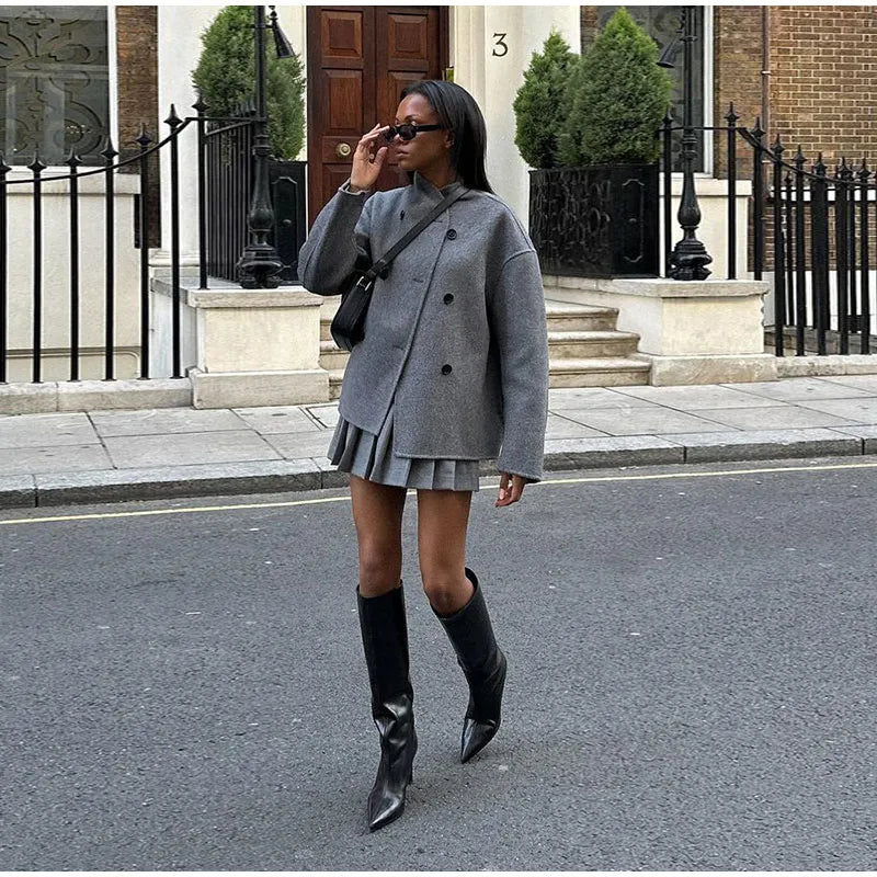 Women's Double-Breasted Winter Coat – Stand Collar Relaxed Coat