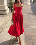 Women's Red Bodycon Midi Dress – Strappy Fitted Cocktail Dress