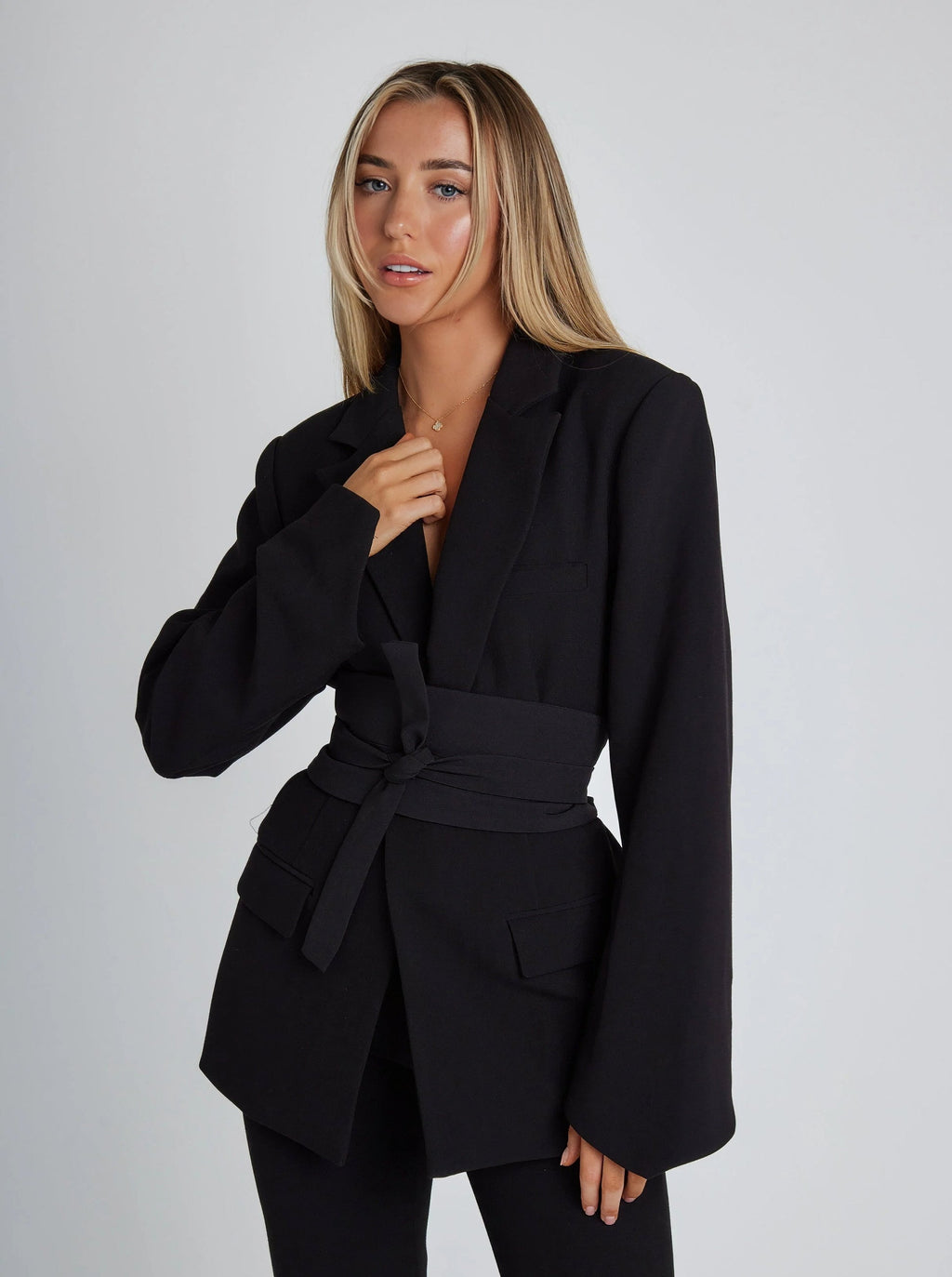 Women's Belted Blazer – Tailored Longline Wrap Jacket