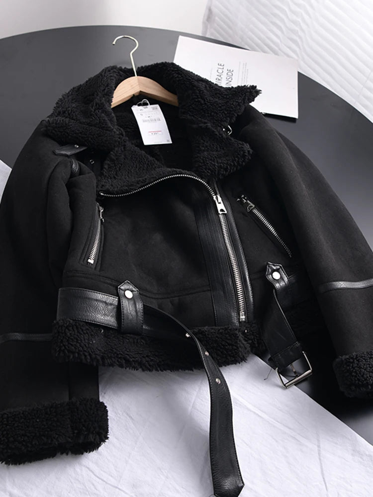 Women's Faux Shearling Jacket – Cropped Winter Aviator Jacket