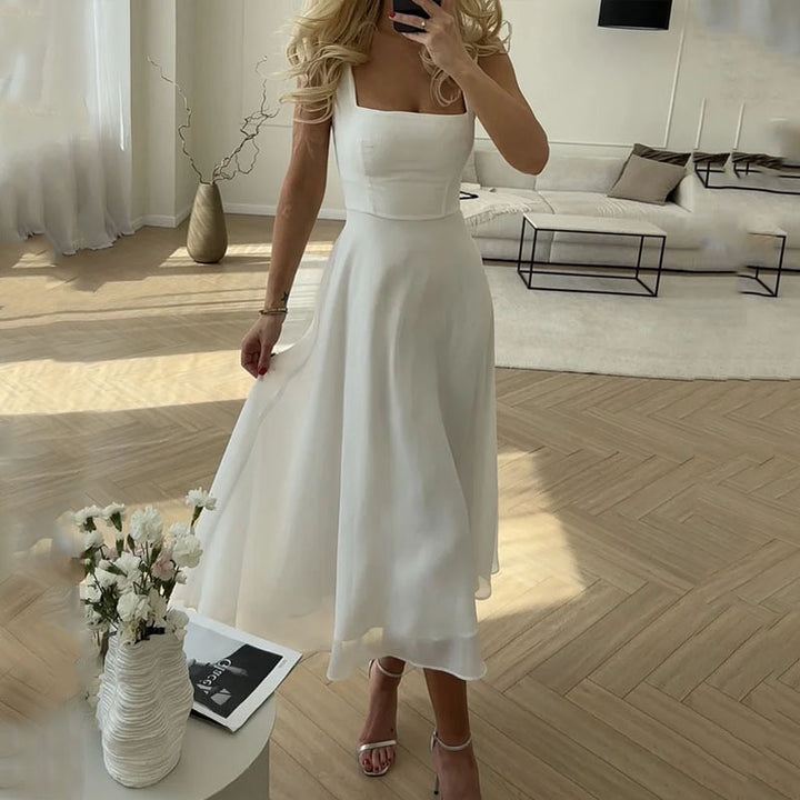 Women's Wedding Guest Square Neck Midi Dress – Flowy Formal Occasion Dress