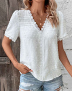 Women's Lace V-Neck Blouse – Short Sleeve Lace Detail Blouse