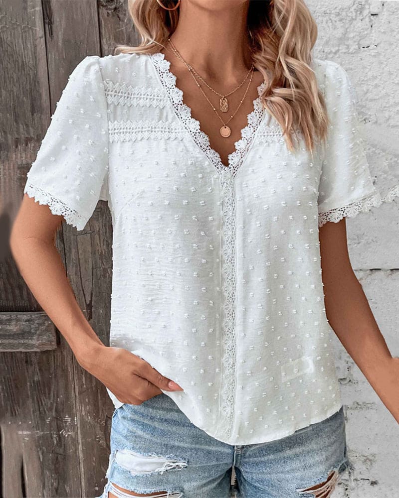 Women's Lace V-Neck Blouse – Short Sleeve Lace Detail Blouse