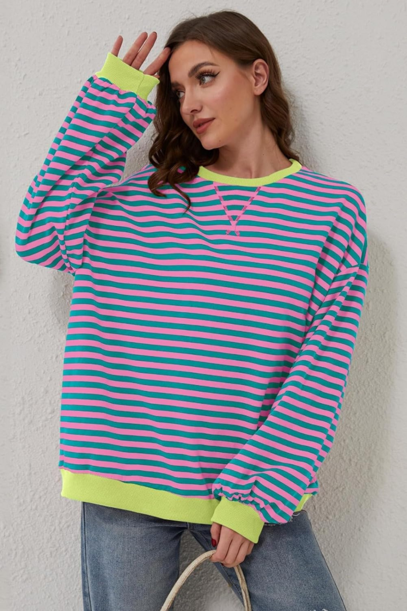Women's Striped Sweatshirt – Crew Neck Long Sleeve Pullover