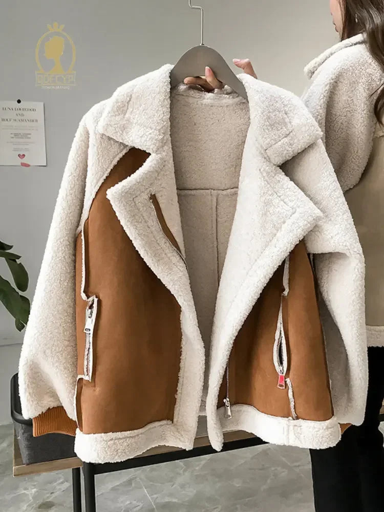 Women's Patchwork Fleece Jacket – Oversized Pocket Winter Jacket