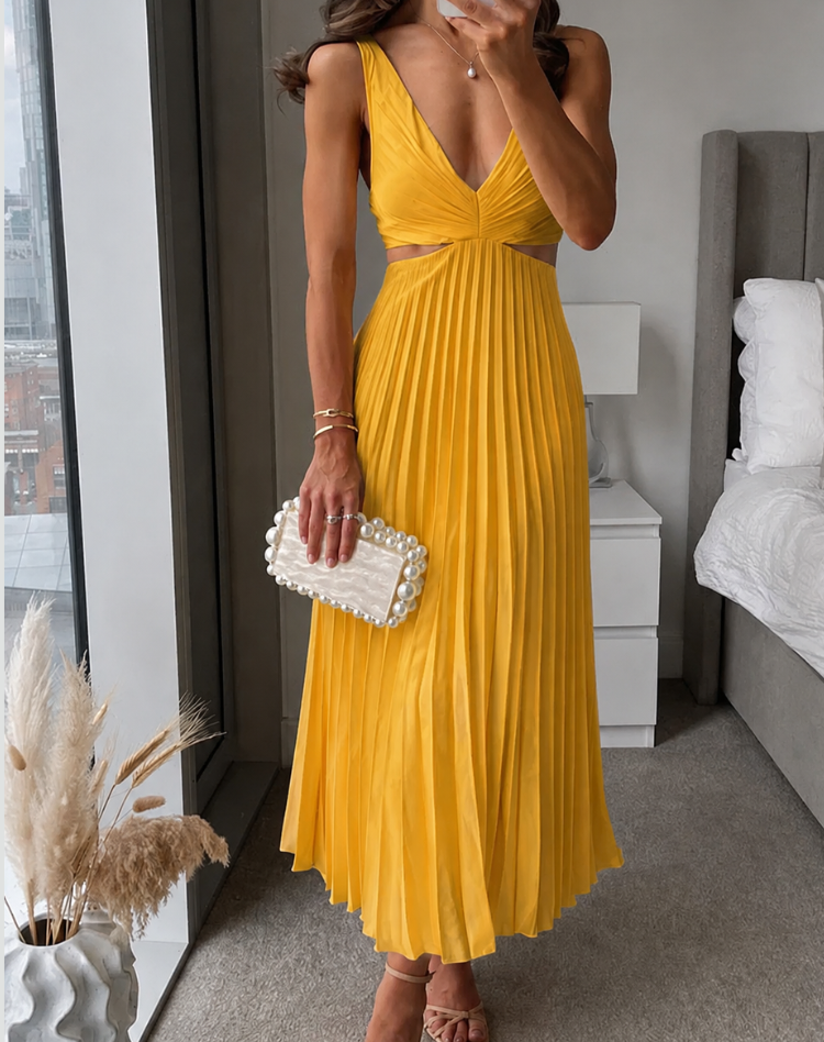 Women's Deep V-Neck Pleated Midi Dress – Side Cutout Cocktail Dress