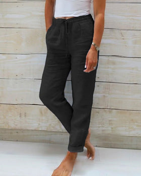 Women's Straight Leg Drawstring Pants – Elastic Waist Casual Pocket Trousers