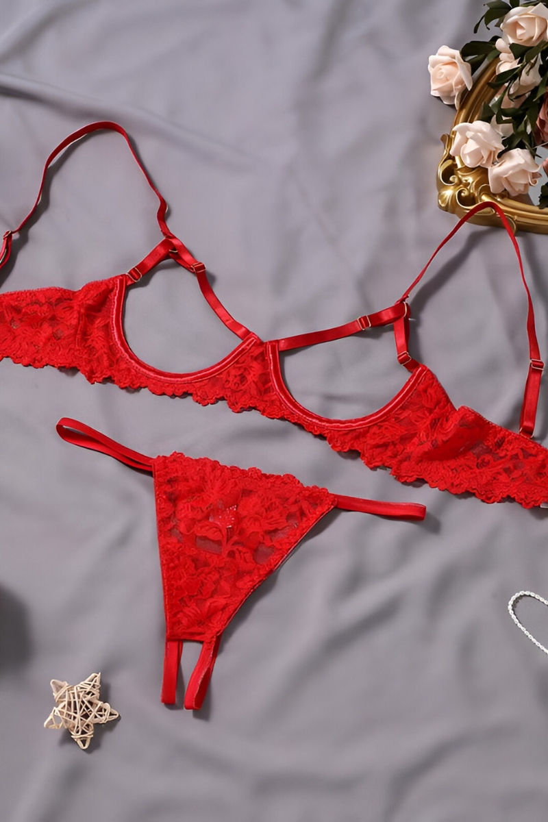 Women's Lace Lingerie Set – Deep V-Neck Bra & Matching Brief Set