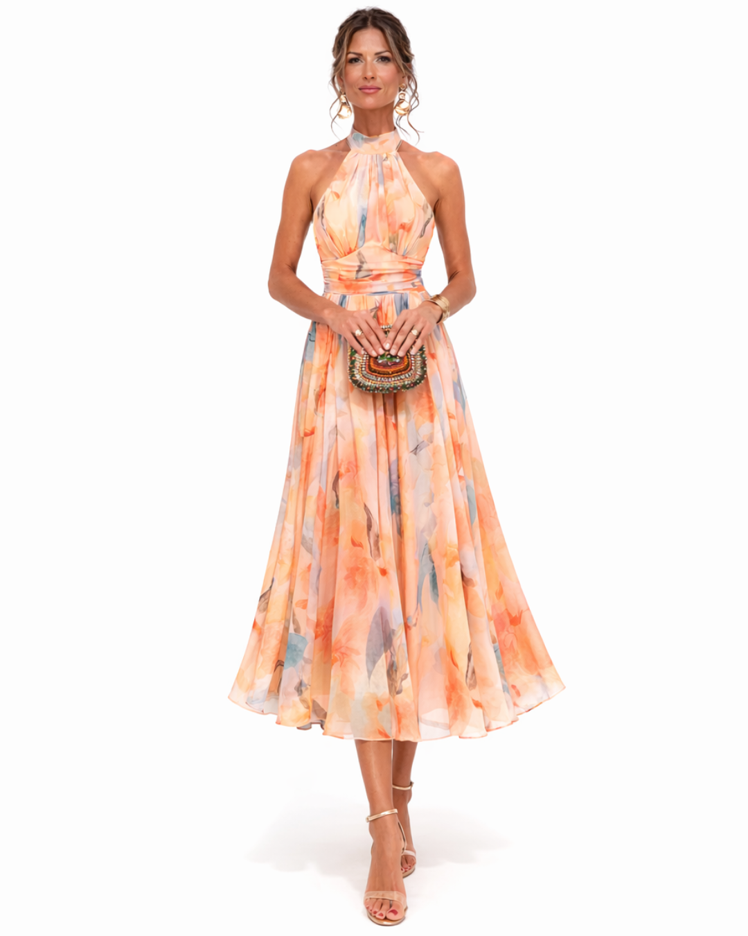 Women's Floral Chiffon Maxi Dress – Backless Flowy Occasion Dress