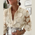 Women's Collared Blouse with Curved Hem and Button Closure