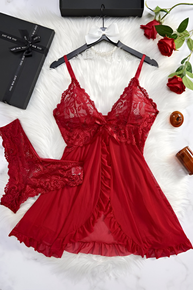 Women's Deep V-Neck Lace Lingerie Set – Sheer Bra & Matching Brief Set