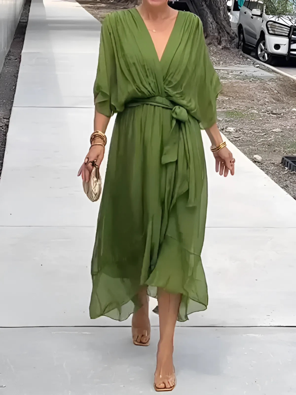 Women's Wrap Midi Dress – Adjustable Tie Waist Dress – Autumn