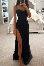 Women's Sparkle Maxi Gown – Sweetheart Neck High Slit Evening Dress