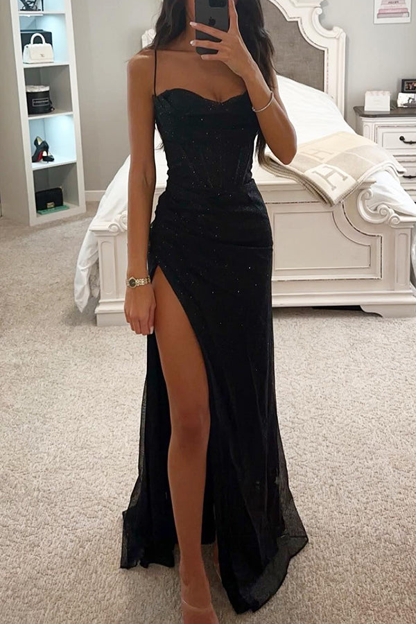 Women's Sparkle Maxi Gown – Sweetheart Neck High Slit Evening Dress
