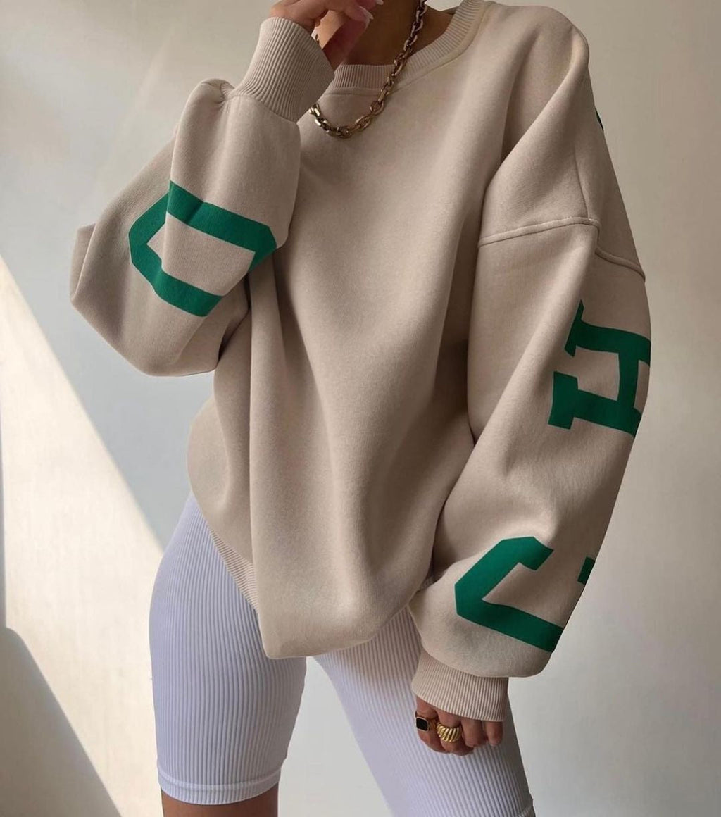 Women's Graphic Sleeve Sweater – Relaxed Crew Neck Pullover Sweater