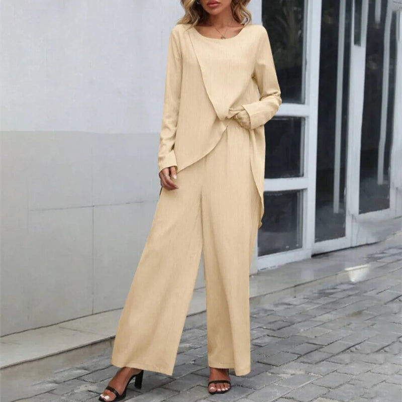 Women's Asymmetrical Pants Set – Draped Top Wide Leg Co-Ord Set