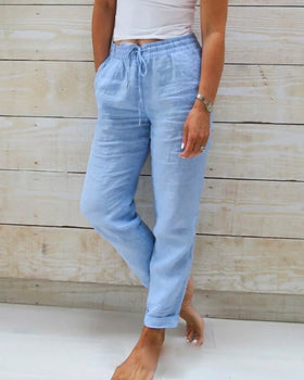 Women's Straight Leg Drawstring Pants – Elastic Waist Casual Pocket Trousers