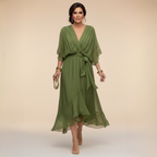 Women's V-Neck Chiffon Dress – Flowy Long Sleeve Occasion Dress