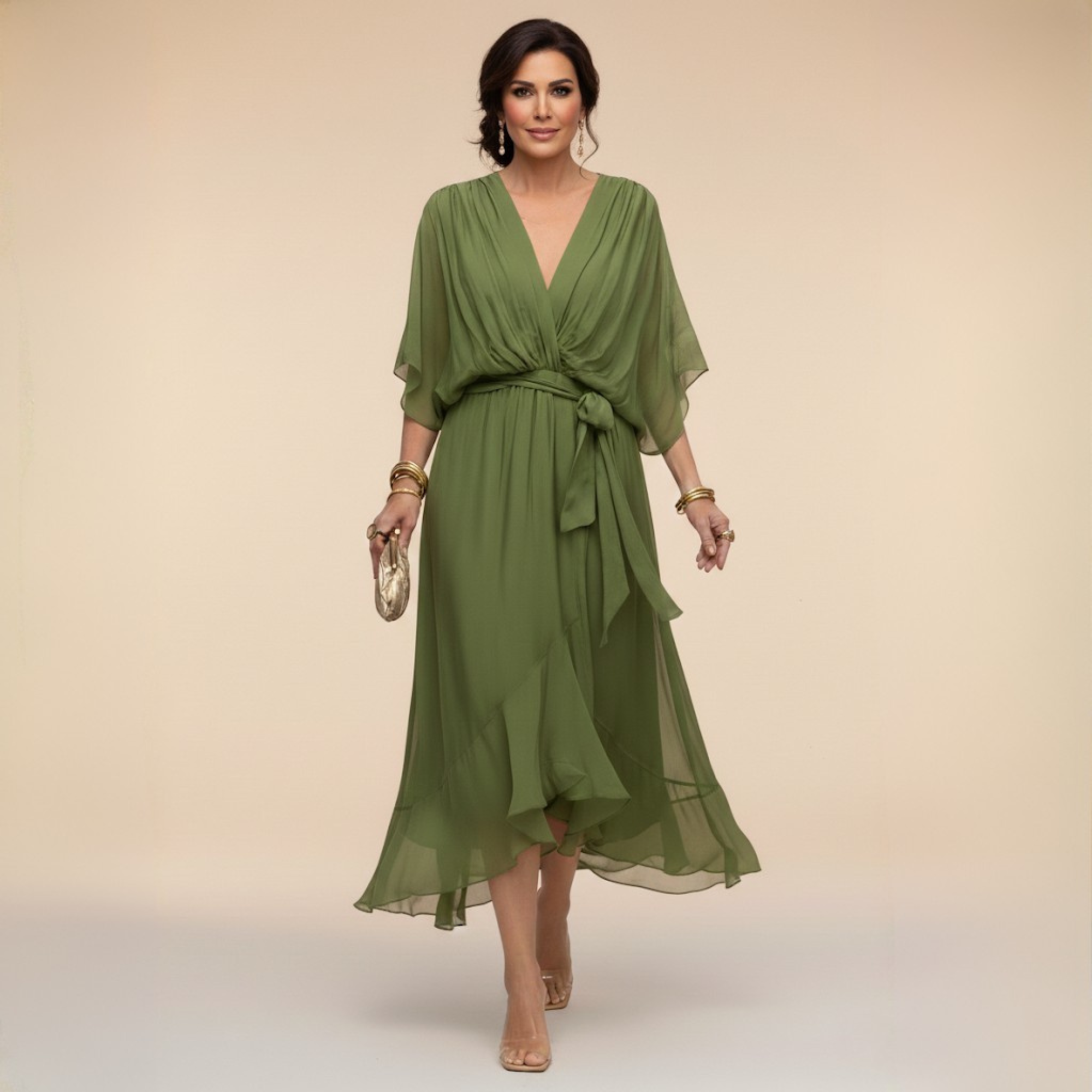 Women's V-Neck Chiffon Dress – Flowy Long Sleeve Occasion Dress
