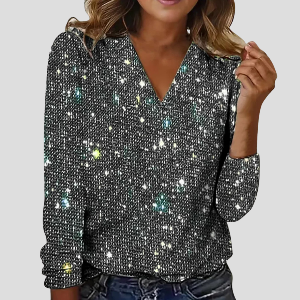 Women's Sequin V-Neck Blouse – Long Sleeve Sparkle Party Blouse