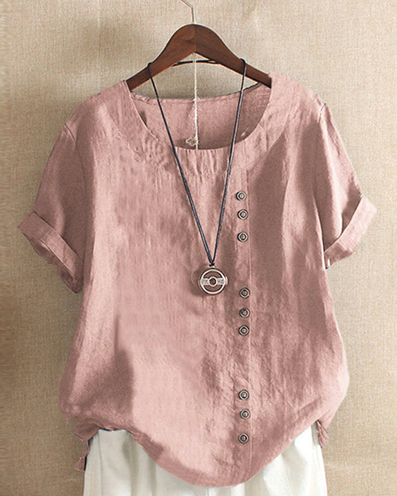 Women's Casual Blouse with Rolled Sleeves and Front Buttons