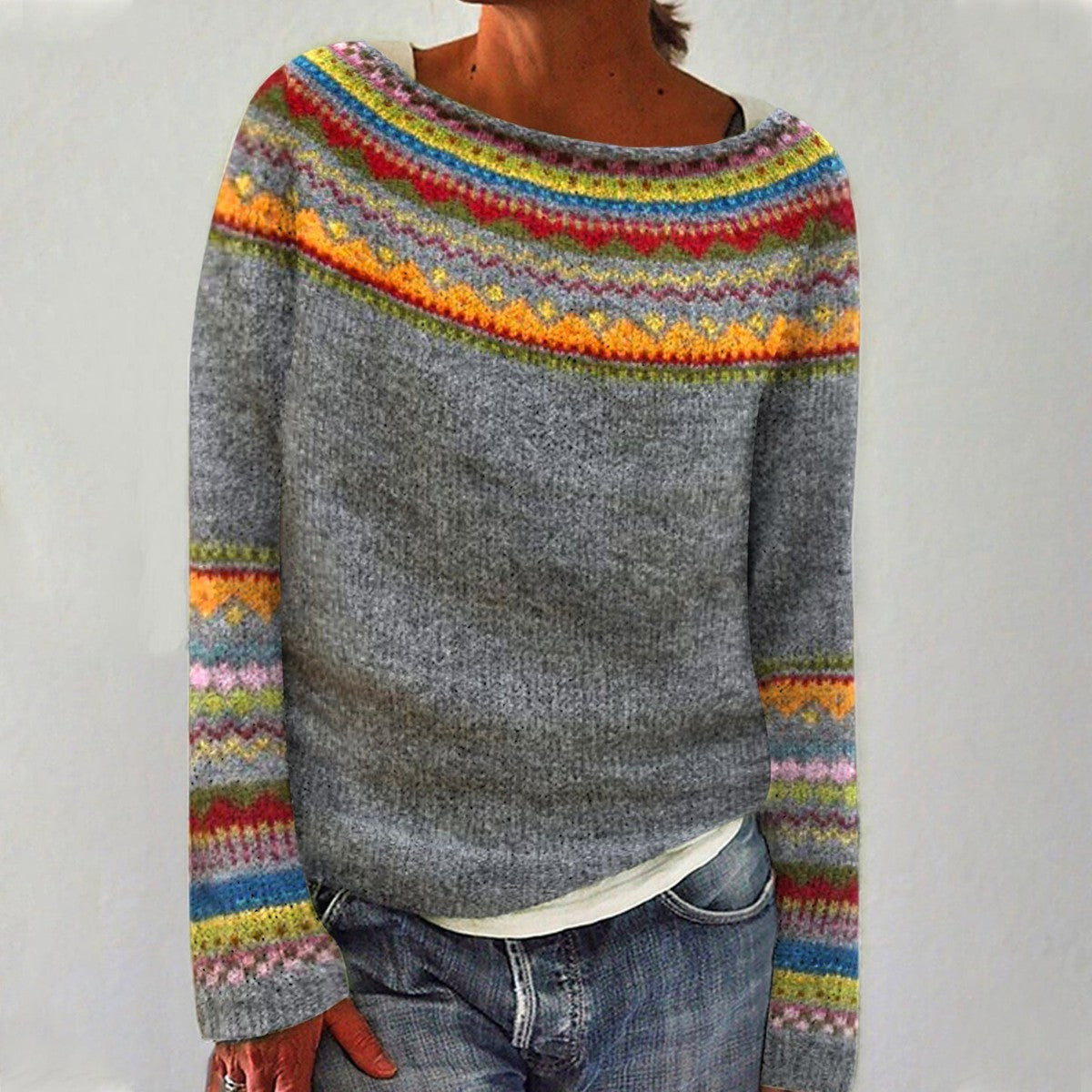 Women's Norwegian Pattern Sweater – Nordic Crew Neck Long Sleeve Pullover