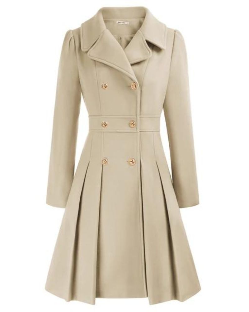 Women's Pleated Long Coat – Tailored Button Front Winter Coat