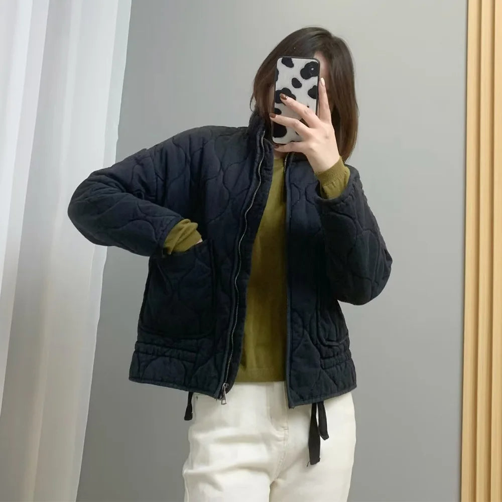 Women's Vintage Winter Jacket – Drawstring Pocket Zip-Up Jacket