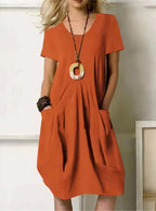 Women's A-Line Midi Dress – Round Neck Pocket Day Dress