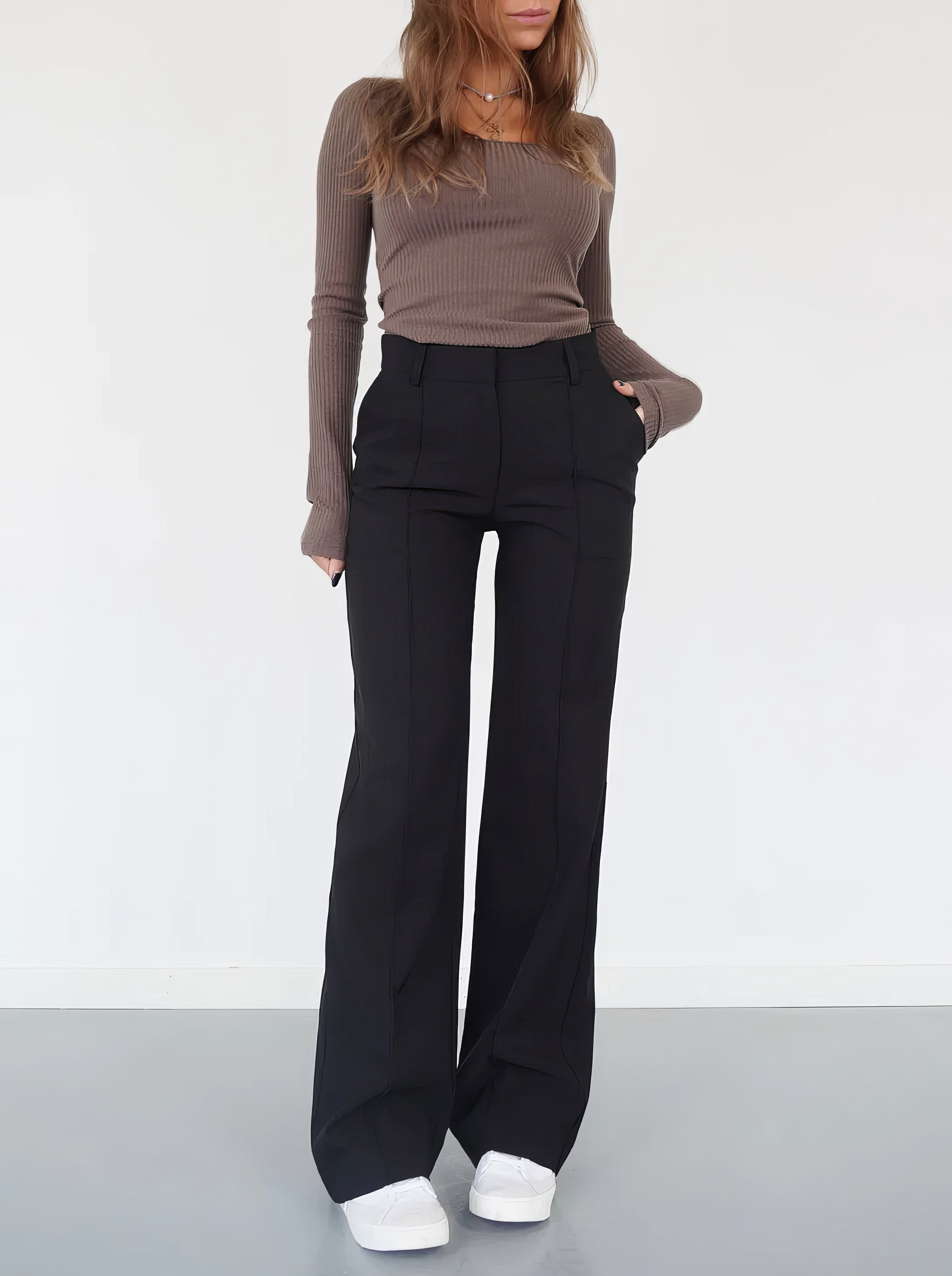 Women's Classic High Waist Trousers – Tailored Straight Leg Dress Pants