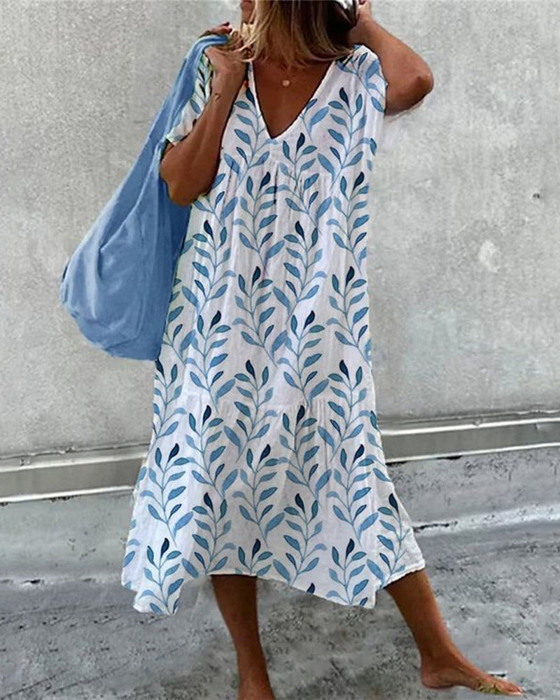 Women's Printed Midi Dress – Leaf Print Summer Dress – Serphine