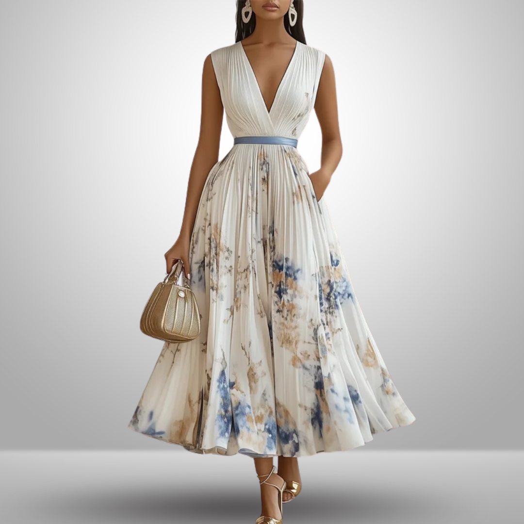 Women's Wedding Guest Floral Maxi Dress – Sleeveless Pleated Flowy Dress