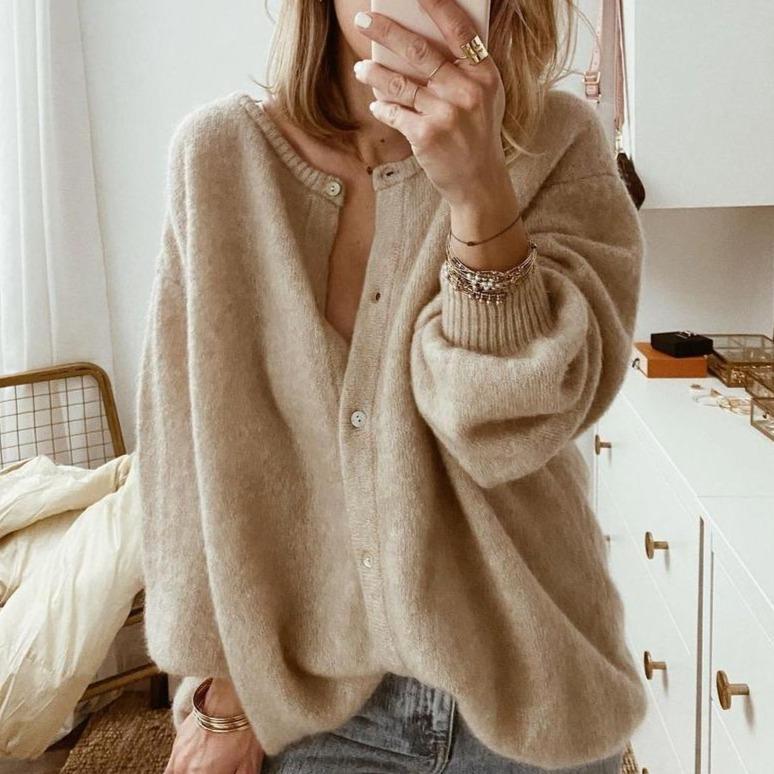 Women's Ribbed Neck Cardigan – Oversized Statement Sleeve Cardigan