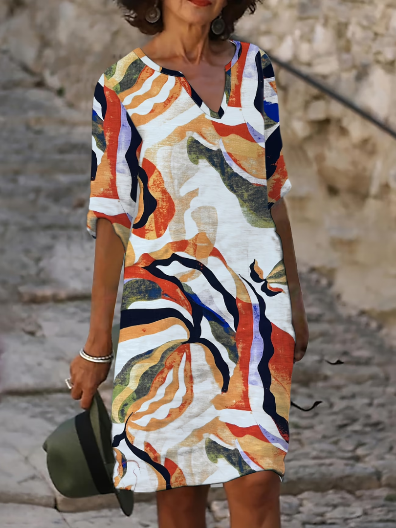 Women's Printed Summer Dress – V-Neck Three-Quarter Sleeve Dress