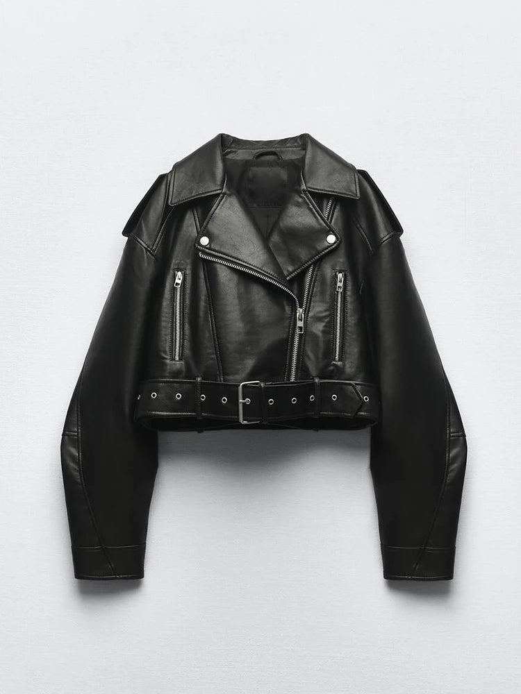 Women's Faux Leather Biker Jacket – Belted Cropped Moto Jacket