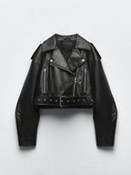 Women's Faux Leather Biker Jacket – Belted Cropped Moto Jacket