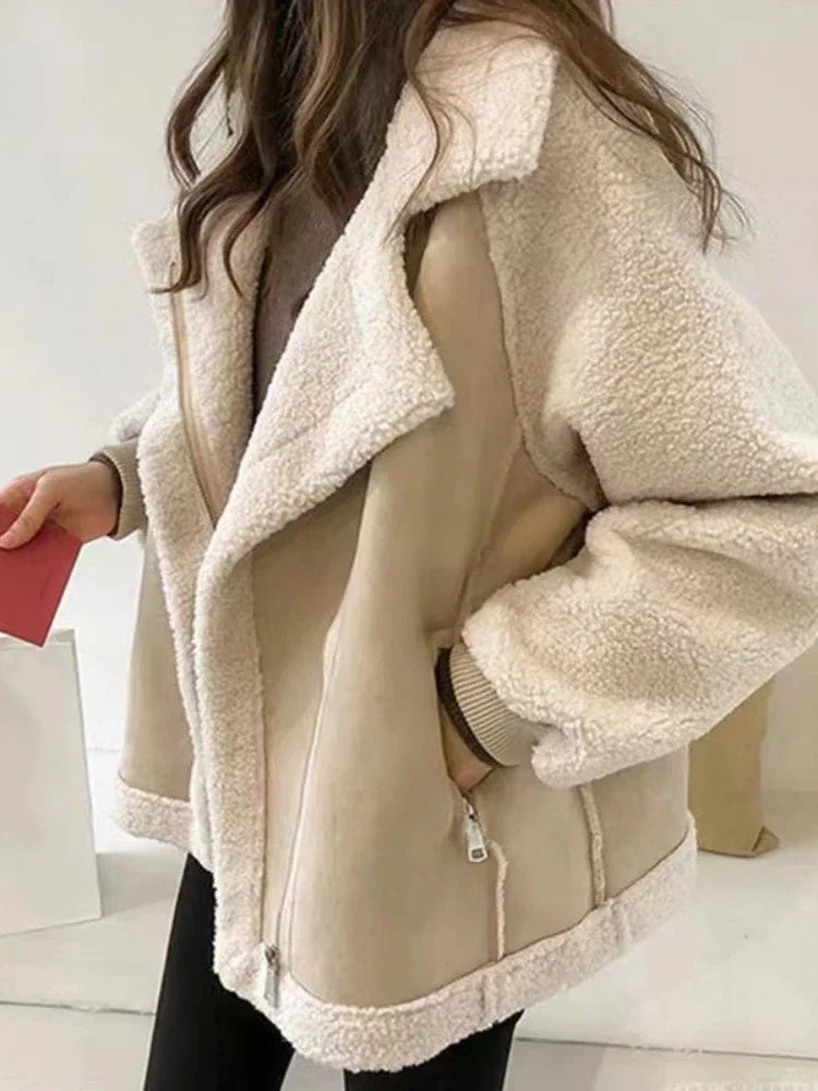 Women's Patchwork Fleece Jacket – Oversized Pocket Winter Jacket